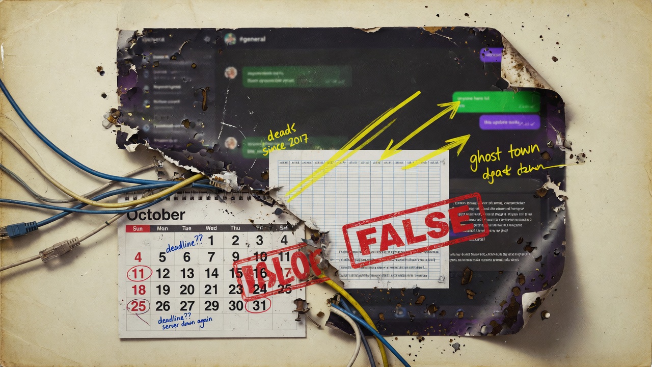 A rotting chat interface peeling off a wall, stamped FALSE, with a calendar and leftover template notes.