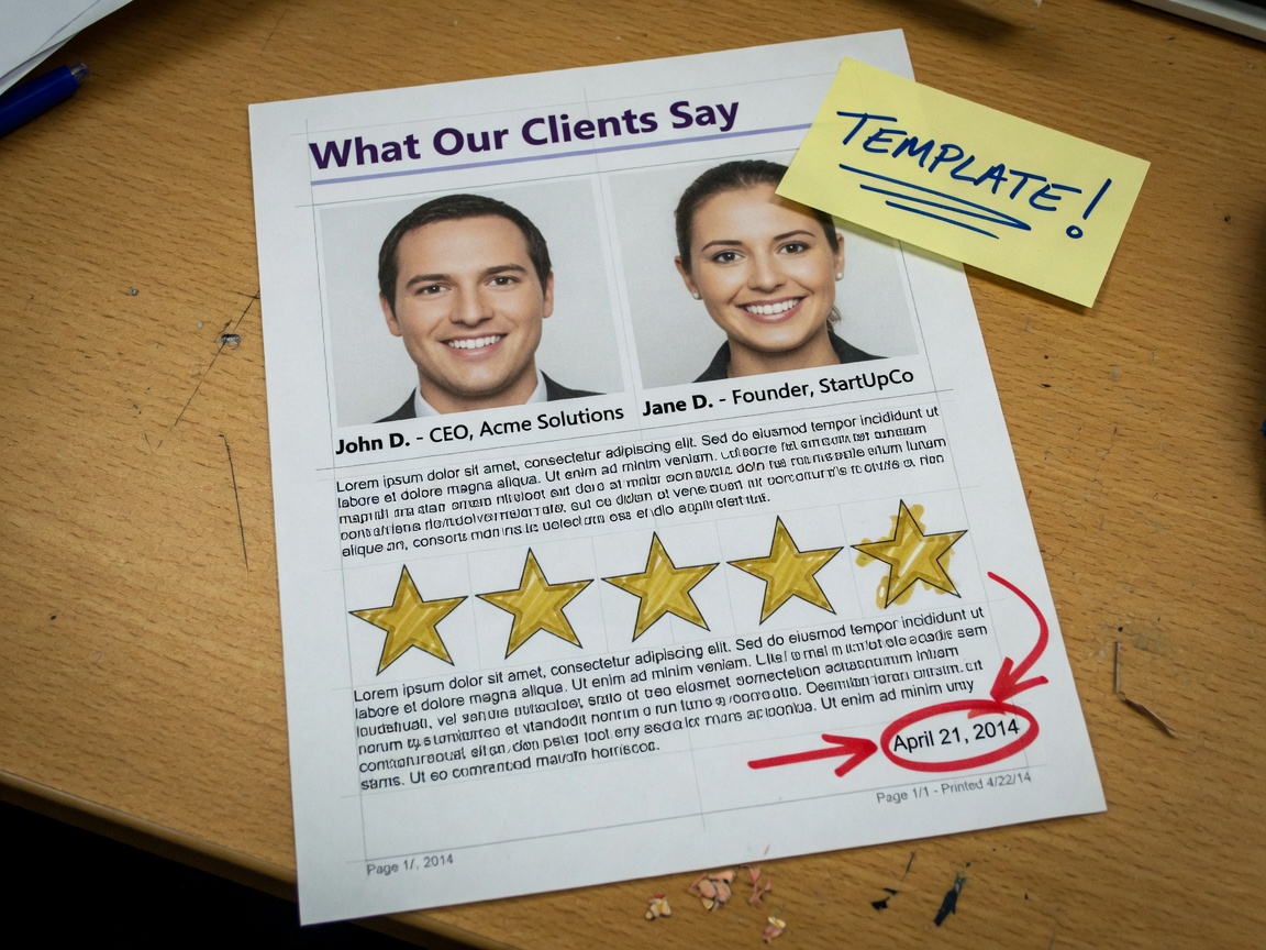 A printed Bootstrap testimonial template labeled John D. and Jane D., dated April 21, 2014, with a sticky note that says TEMPLATE.
